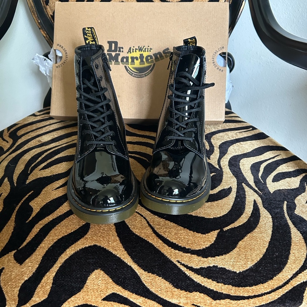 Dr. Martens Black Patent 8-Eye Lace Boots with Yellow Stitching